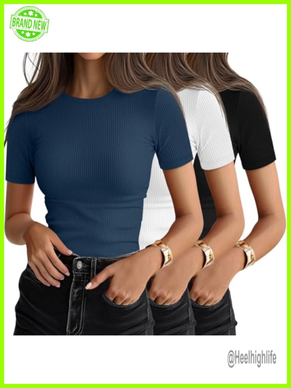 3 Pack Women's Ribbed Crew Neck Slim Fit Short Sleeve T-Shirts Cotton Spandex